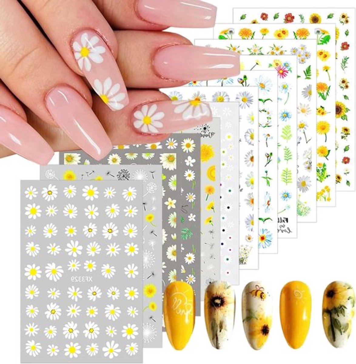 Zelfklevende nagelstickers met 3D-effect voor duurzame nagelkunst - Bloemen Thema - UV-hardend - Set van 12 vellen - Geel en wit - Madeliefjes design