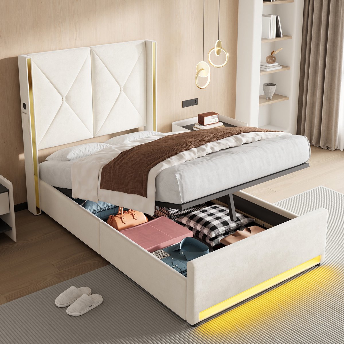 REDOM - Bedframe met opbergruimte en verlichting - Hohes, gesteppt hoofdbord met zijvakken - Hydraulisch liftsysteem - Lattenbodem - 90 x 200 cm - Stof - Beige - 100 x 213 x 141 cm