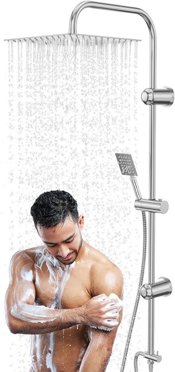 Complete Douche Set met Regendouche en Handdouche, Roestvrijstalen Douchekop, Verstelbare Wandmontage en Opbergrek