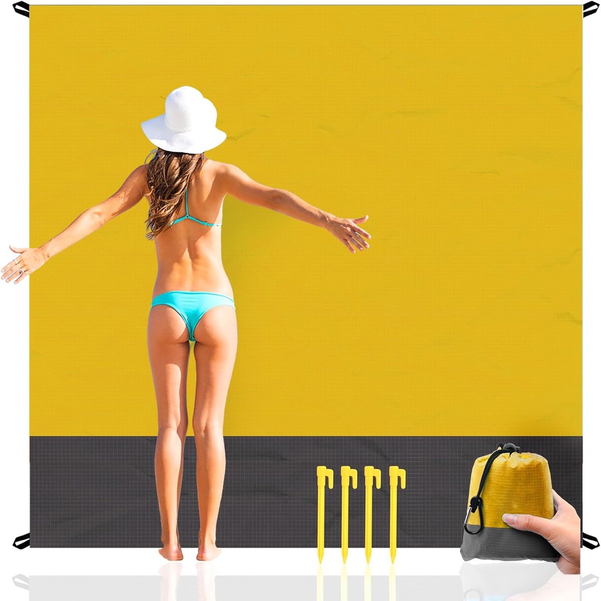 KZQ Zandvrij strandkleed extra groot 210x200 cm - Waterafstotend nylon- Draagbare picknickmat voor reizen kamperen en wandelen - Lichtgewicht en gezinsvriendelijk - Geel