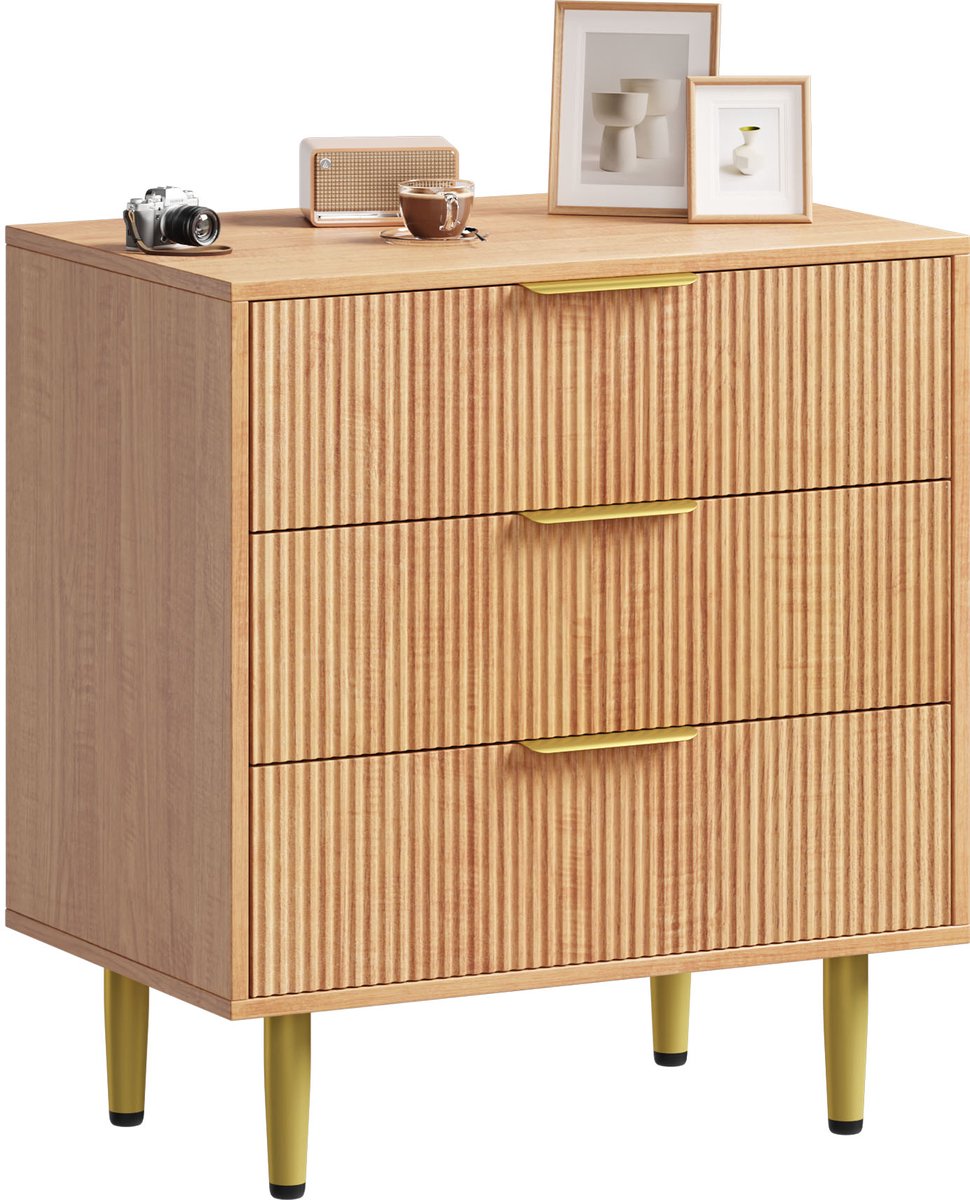 Geribbeld Modern Dressoir - Breed Houten Ladekast Met 3 Lades Metalen Handgrepen En Poten - Opbergkast Voor Slaapkamer, Hal En Woonkamer - Natuurlijke Houtkleur