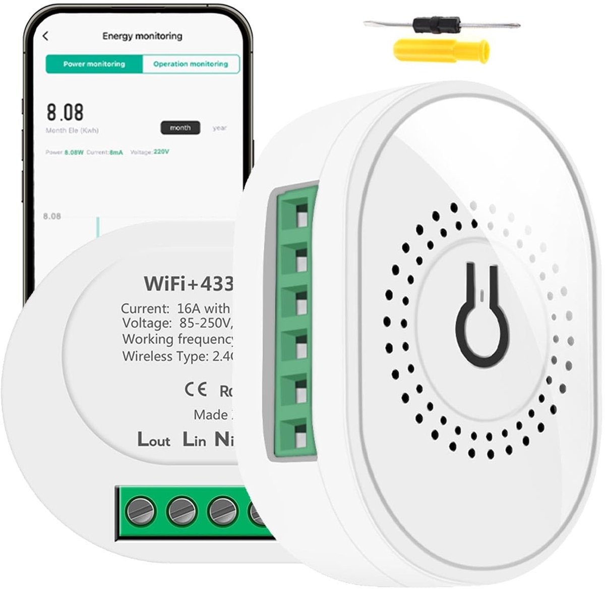 Slimme wifi-schakelaar met verbruiksstatistieken, 16 A, 2-weg bediening en Smart Life-app ondersteuning
