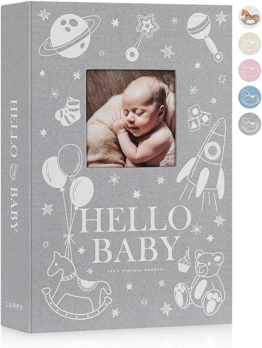 Baby Fotoalbum 10x15 met 300 Compartimenten, Luxe Newborn Album met Linnen Kaft voor 300 Horizontale Foto's in Grijs, Perfect voor Herinneringen