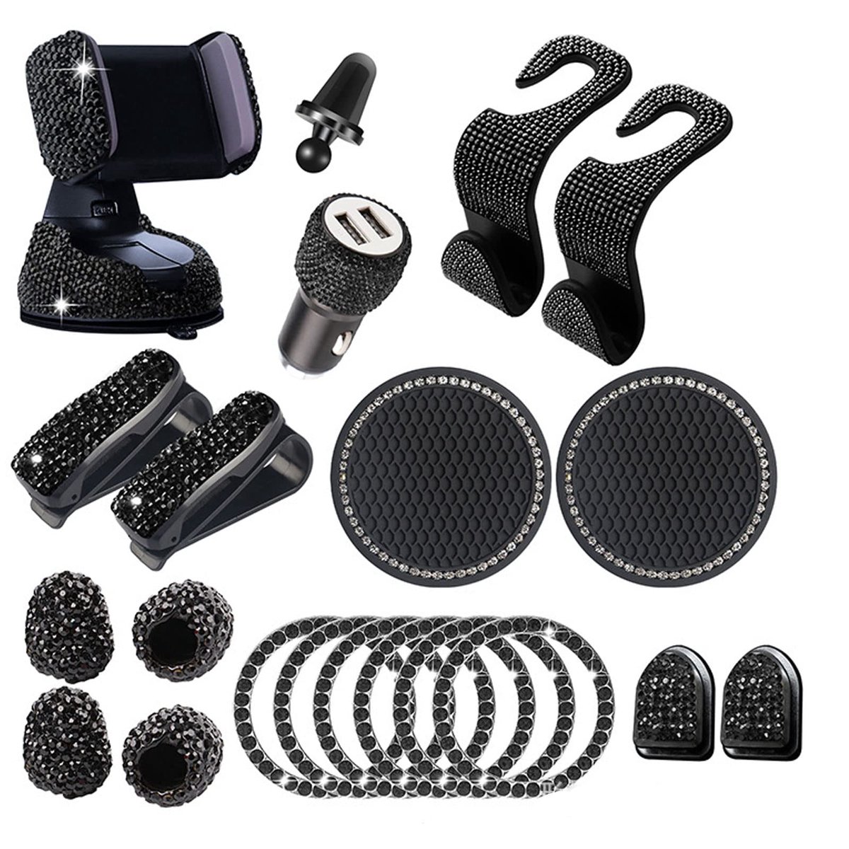 SnelShoppen - 20 stuks Bling auto-accessoires voor binnenkant vrouwen glitter, Brillenhouder, Mobiele telefoonhouder, Ontstekingsring, Glitter auto de