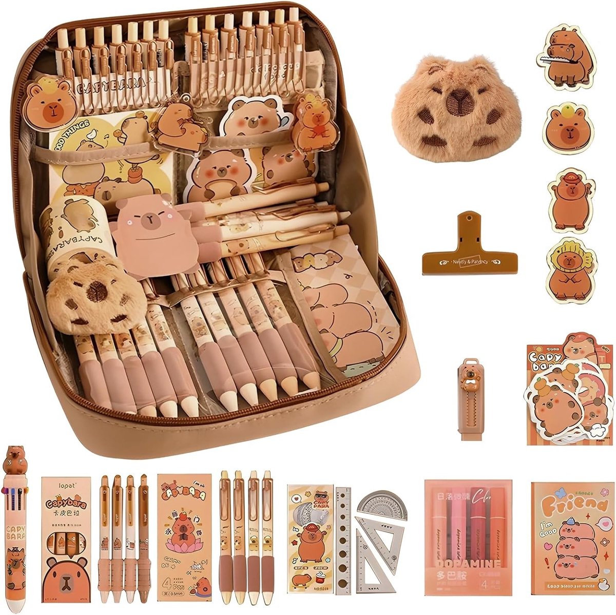 Complete Capybara Stationery Set met 51 Stukken, Schattige Pennen, Clips en Linialen voor Kinderen en Studenten, Perfect voor School en Kantoor