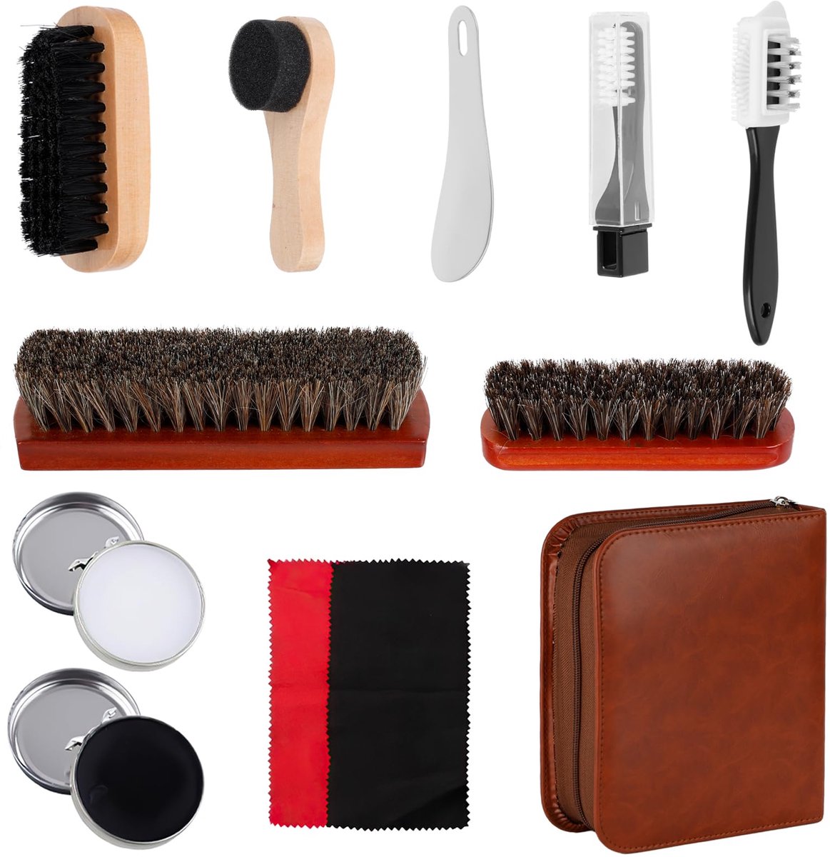 SnelShoppen - 12-delige Schoenpoetsset - Compleet Schoenverzorgingsset met Borstels, Schoencrème, Houten Applicator en Schoenlepel - Ideaal voor Leer