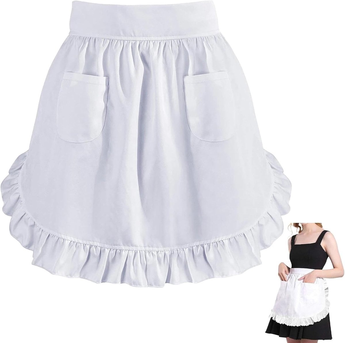 Praktische witte taille schort met twee zakken, vintage halfschort voor serveersters, cafés en themafeesten, ideaal voor dagelijks gebruik en als haaraccessoire