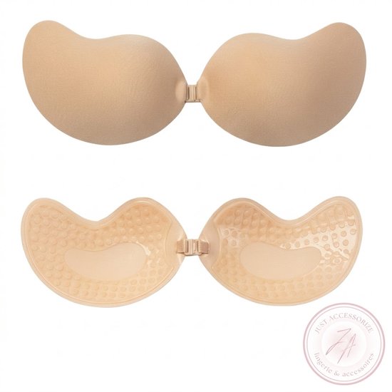 Boven: Twee lichtbruine, strapless plak-bh cups met voorsluiting. Onder: Zelfde cups, achterkant met noppenstructuur.