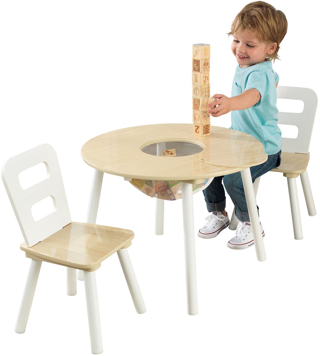 SnelShoppen - Houten ronde tafel en 2-stoelenset met centrale meshopslag - Natuurlijk en wit - Perfect voor kinderen, speelkamers, en tuin