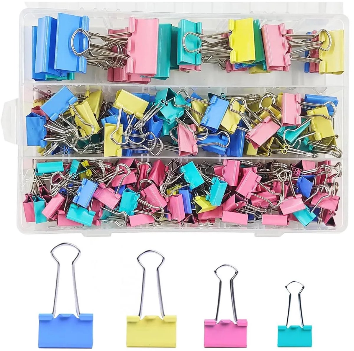 Deze set van 180 vouwclips bevat mappen in vier verschillende maten en kleuren. Deze multifunctionele mappen en metalen paperclips zijn geschikt voor school, kantoorartikelen, briefpapier, memoblokken en meer.