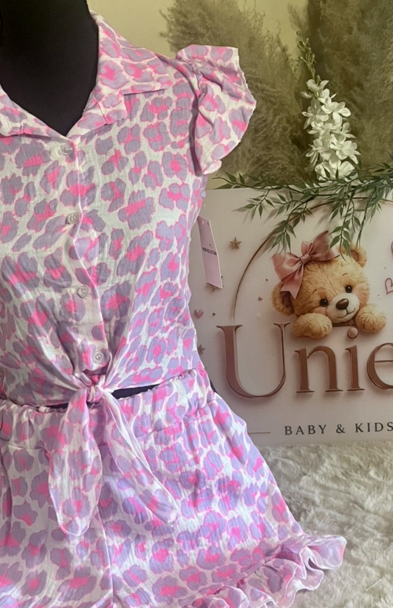 Meisjes 2-Delige Zomerset - 158/164 - Panterprint – Blouse & Short met Strik – Roze – Maat 98 t/m 164 – 4-14 Jaar