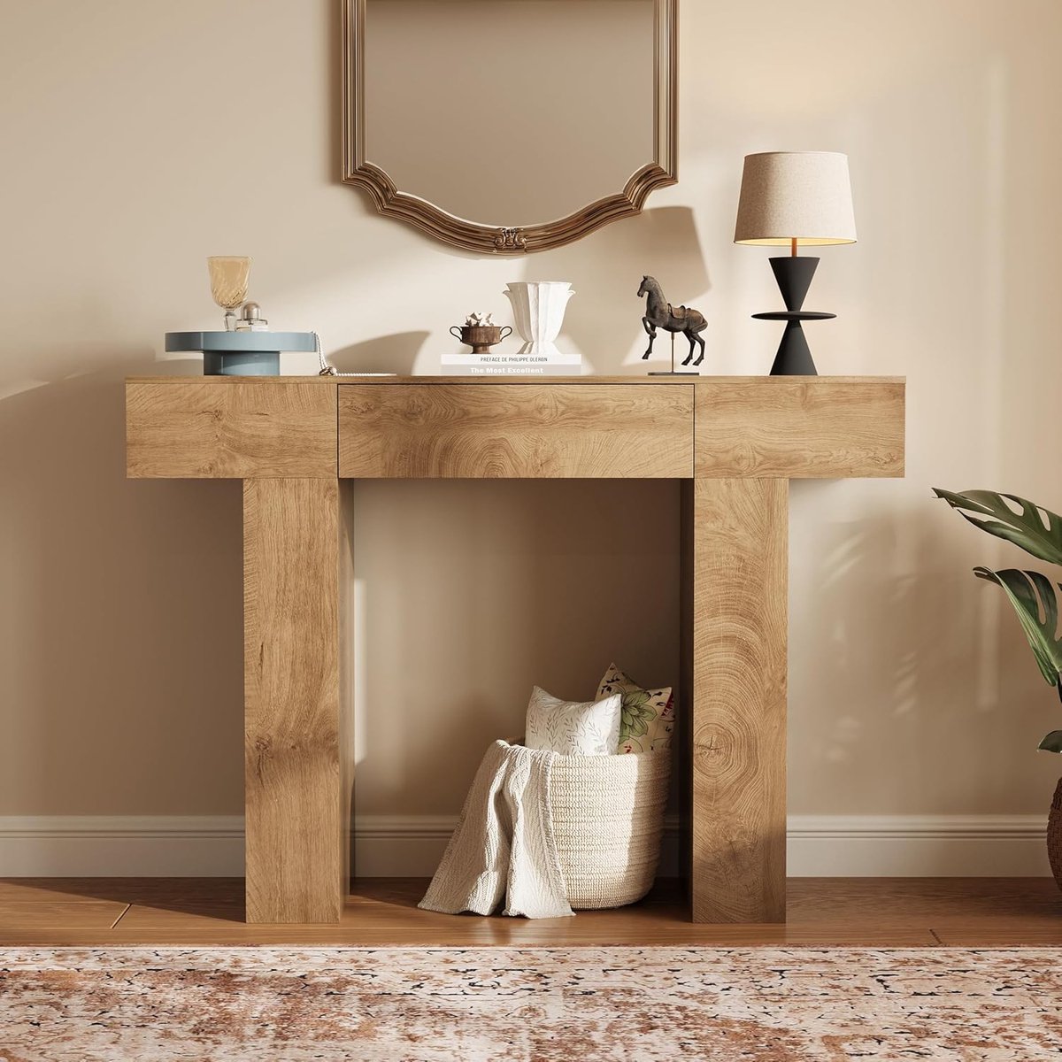 Boerderijstijl eikenhouten consoletafel met opberglade – 47" smalle rustieke salontafel – Stevig & voorzien van kantelbeveiliging – Verhoogd tafelblad – Eenvoudig te monteren – 120×85×35 cm
