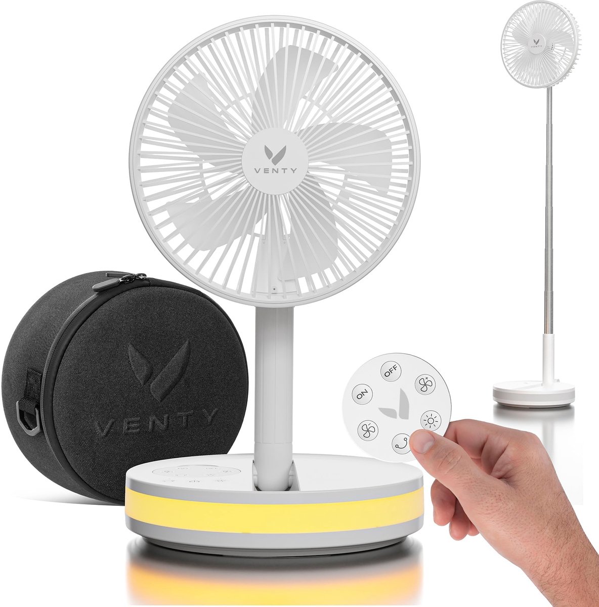 SnelShoppen - Draagbare ventilator draadloos op batterijen, 4 snelheden, LED-verlichting, afstandsbediening, ideaal voor cruisereizen, outdoor activit
