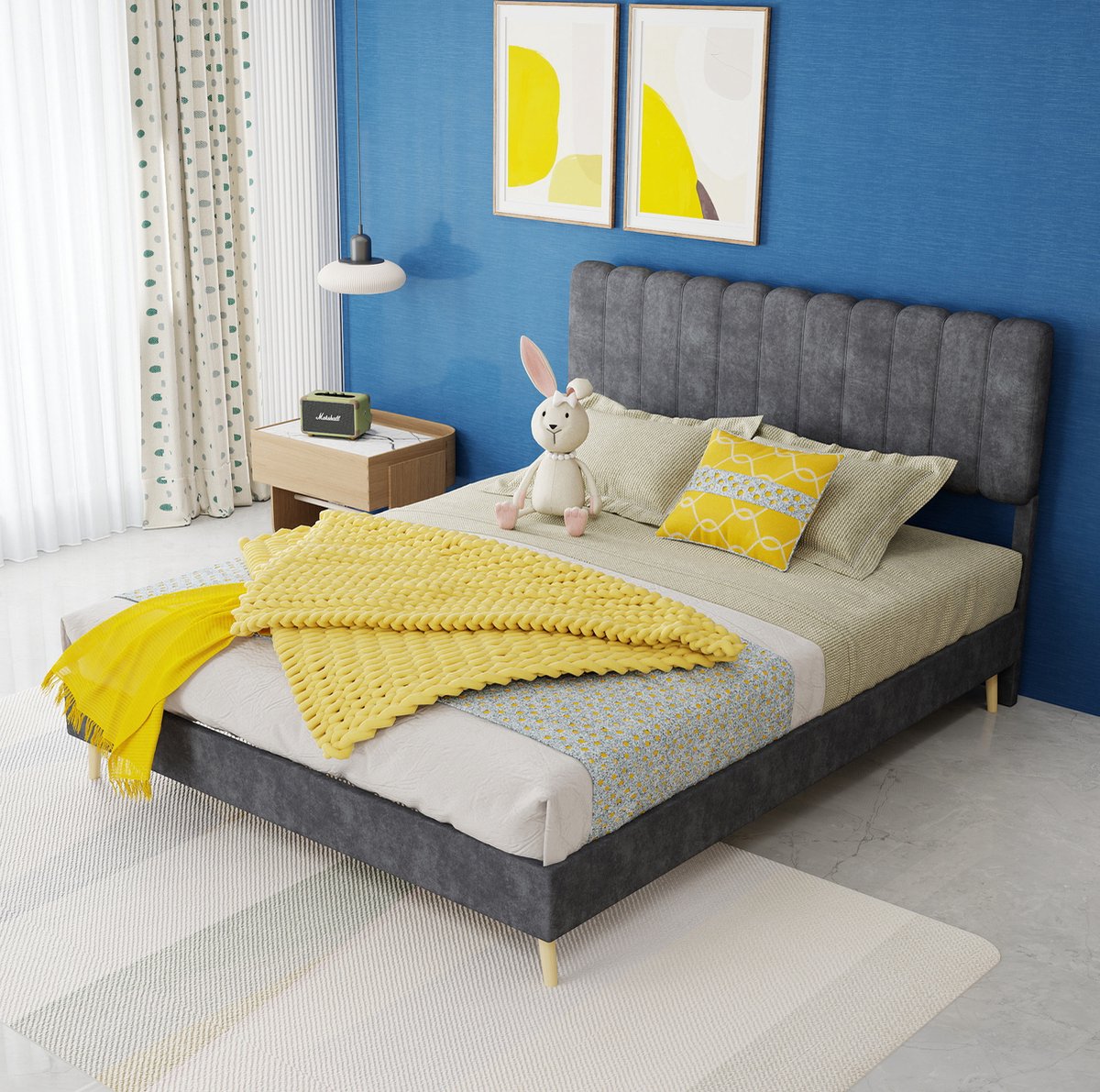 COVREO Bedframe 140x200 cm grijs, gestoffeerd, lattenbodem, zonder matras Grey