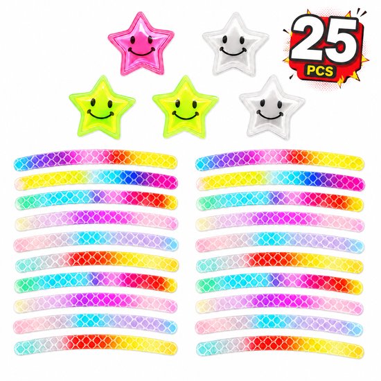25 stuks reflecterende fietsstickers: 5 sterren (roze, groen, wit met gezichtjes) en 20 gekleurde regenboogstaven.