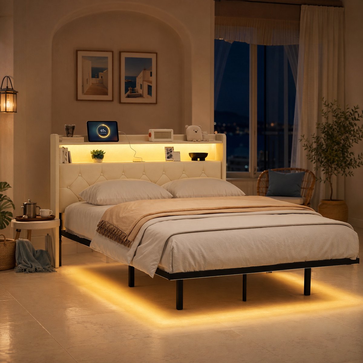 Bealife AF21 Bedframe - 140×200 cm – Gestoffeerd Tweepersoonsbed met LED-verlichting, USB & Type-C Poorten- Opberghoofdbord – Zwevend design - Beige