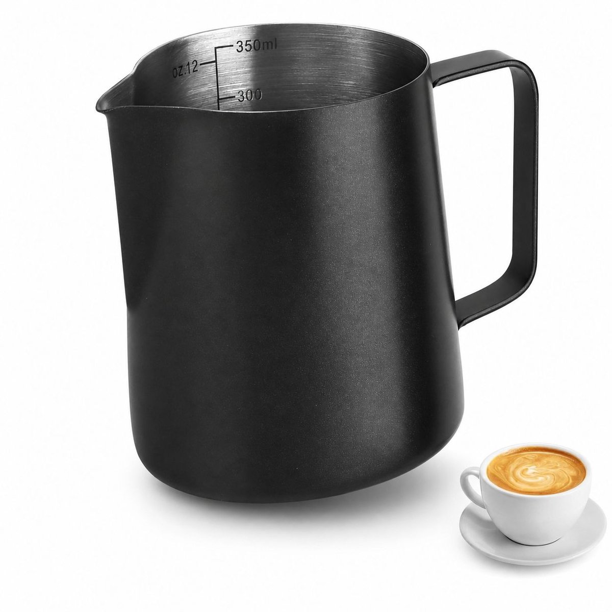VHV - Melkkan 350 ml - RVS 304 Melkopschuimkan met Maatverdeling en Latte Art Pen - Zwart voor Cappuccino en Latte