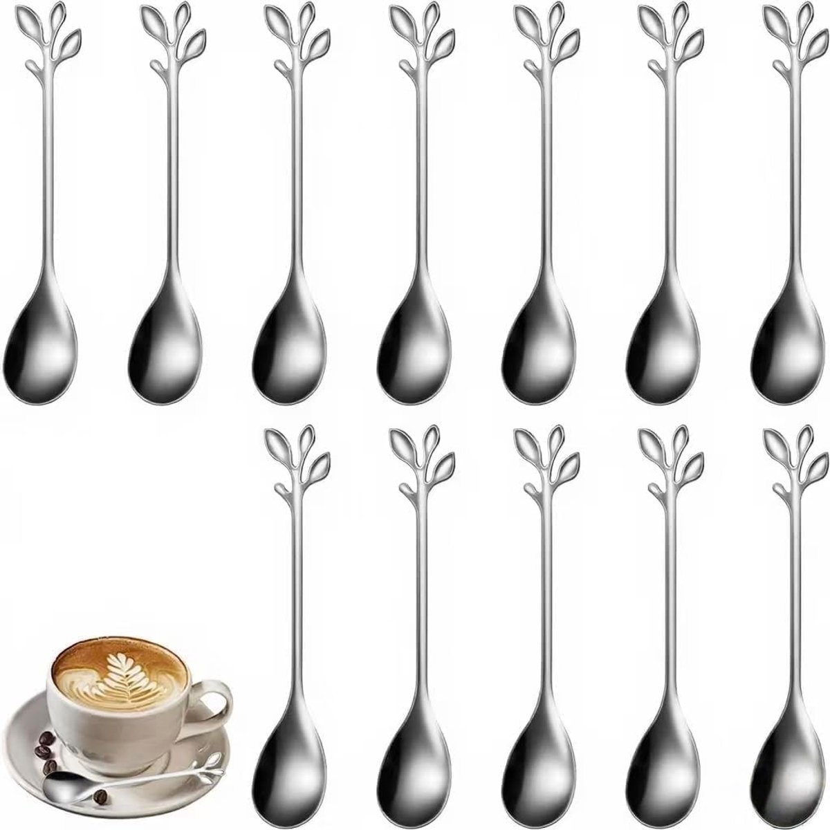 Set van 12 RVS Koffielepels met Bladontwerp voor Espresso en Dessert, Ideaal voor Thuis en Cadeaus, Zilver
