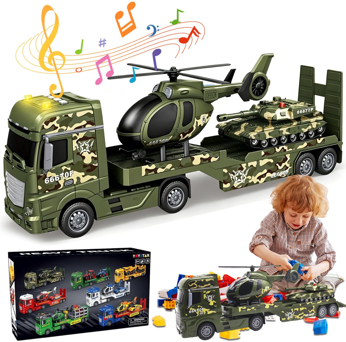 Leger Speelgoed Set - 3-in-1 Speelgoedauto - Militair Voertuigen Set - Vrachtwagen & Tank & Helikopter - Geluid en Licht - ABS - Voor Kinderen 3-5 Jaar