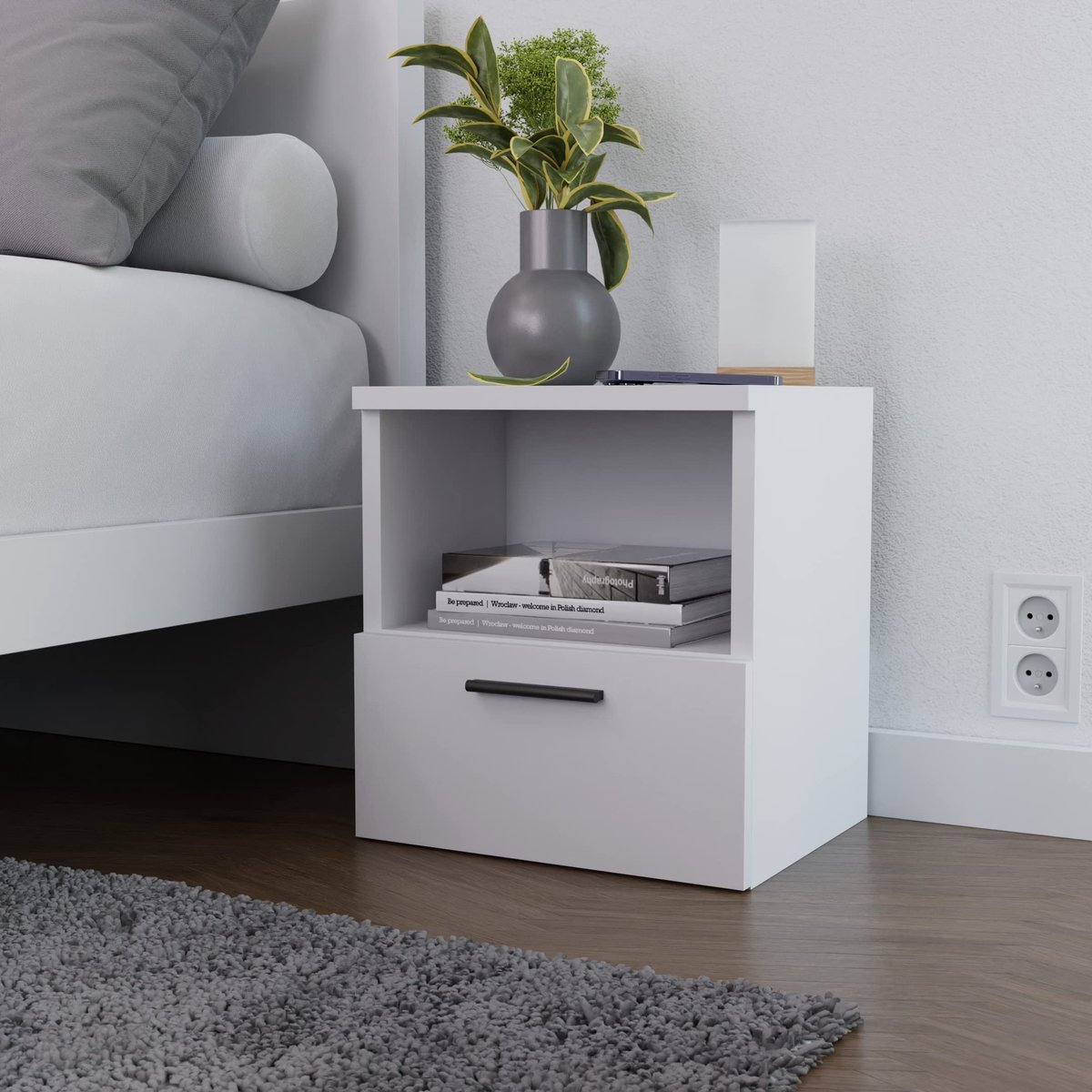 SnelShoppen - Home Glow Nachtkastje met Lade en Open Vak, Wit, 37x30x40 cm - Modern Design, Multifunctioneel, Ideaal voor Slaapkamer, Woonkamer, Kinde