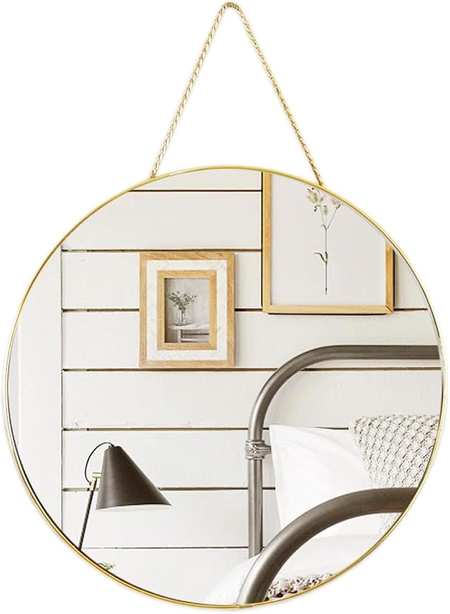 SnelShoppen - Wandgemonteerde Make-upspiegel Ronde Hangtouw Spiegel 40CM Goud voor Badkamer, Slaapkamer, Luxe Interieur