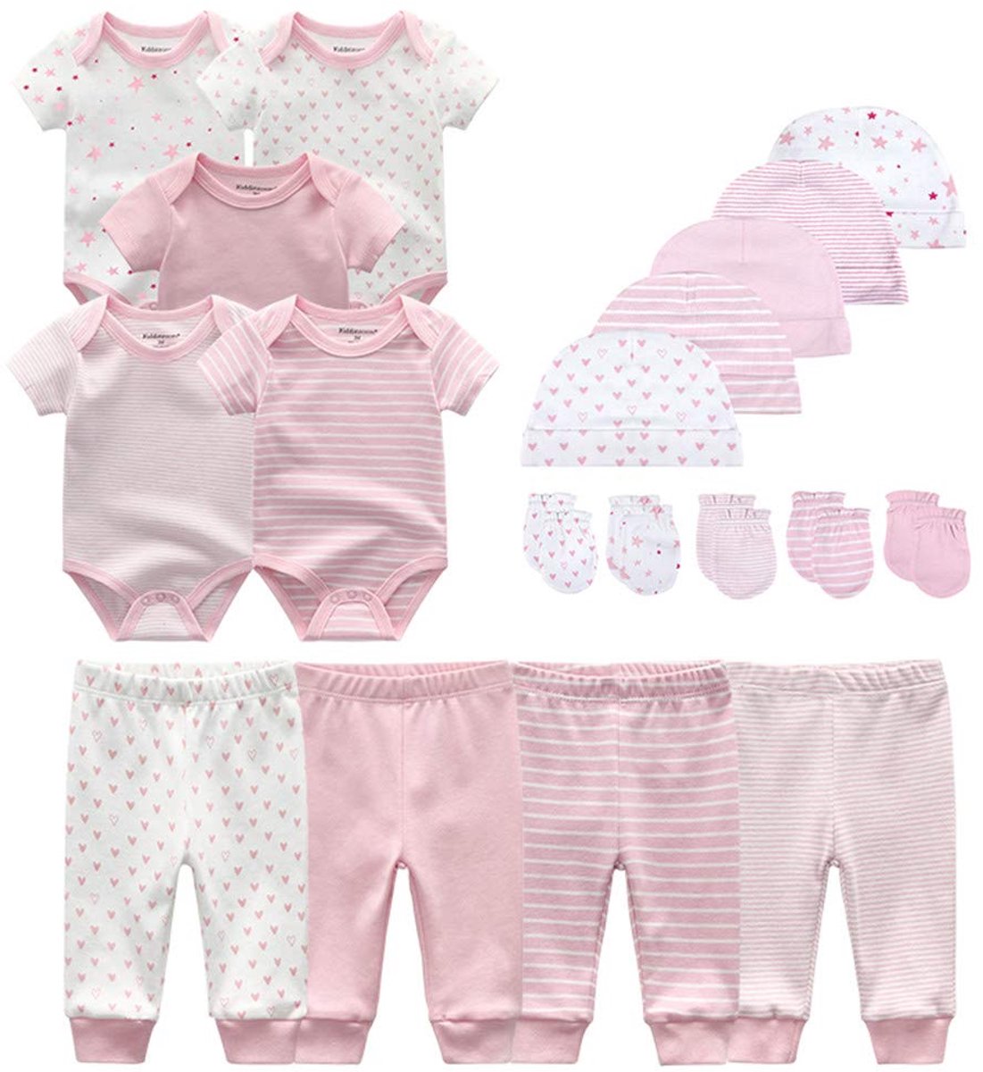 SnelShoppen - Kiddiezoom Baby set met rompertjes, broekjes, onesie, muts en krabwantjes voor jongens en meisjes, katoen, 0-3 maanden, ideaal voor elke