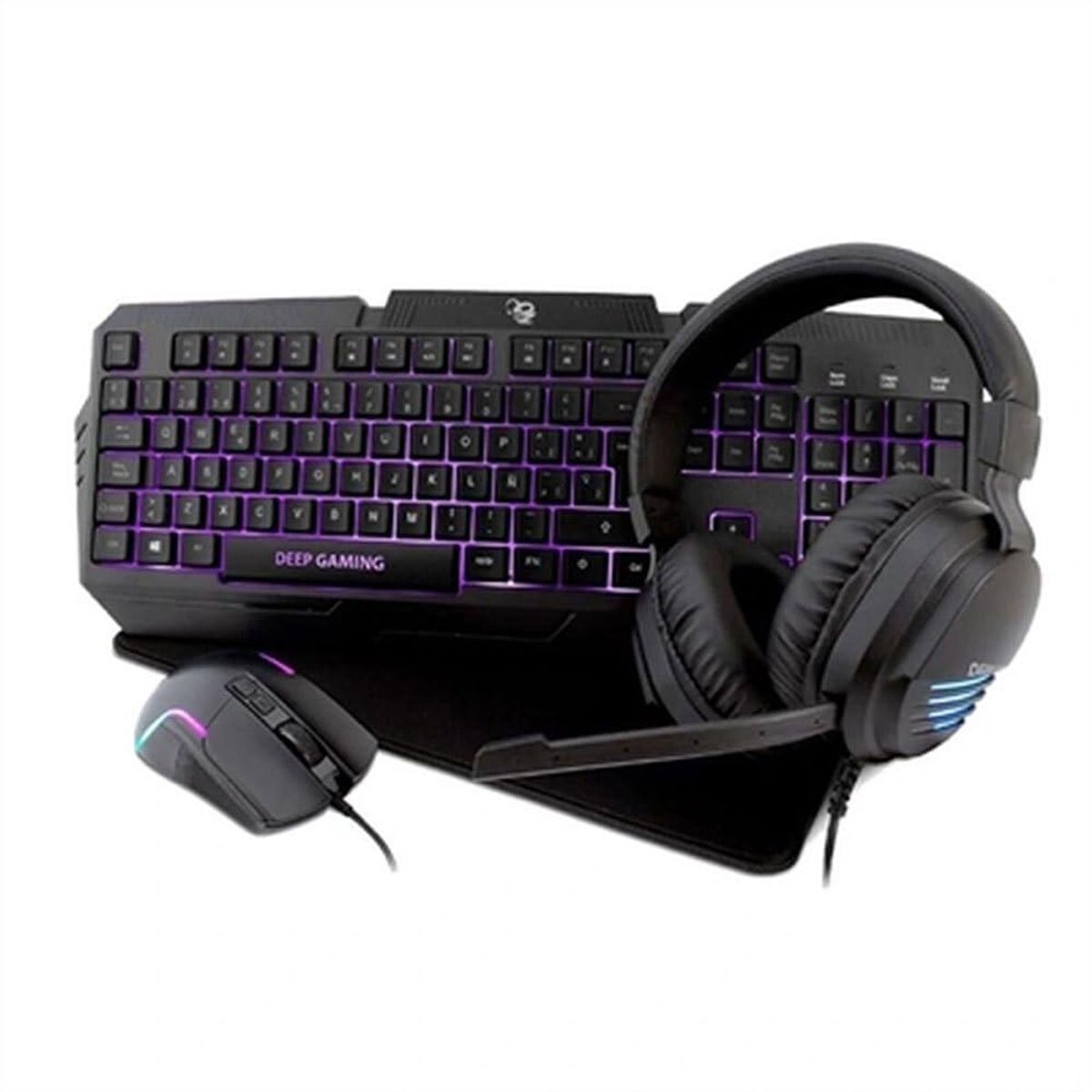 SnelShoppen - Gaming 2-Pack DeepGaming X-Wing - 4-in-1 QWERTY-membraan toetsenbord met Ñ-achtergrondverlichting, RGB-muis 7200 dpi, hoofdtelefoon met