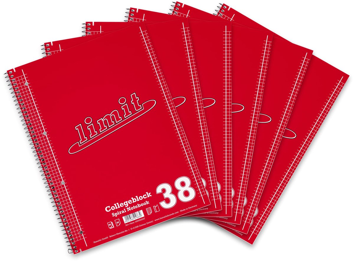 SnelShoppen - Collegeblok A4 geruit met dubbele rand, 80 pagina's, 6 stuks, rood, ideaal voor school, studie en notities