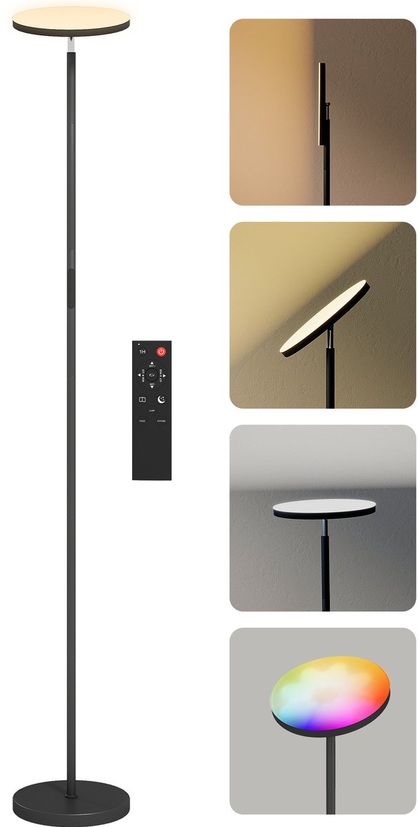 ECTEATOY® Vloerlamp - RGB LED Staande Lamp - Dimbare Uplighter met Afstandsbediening & Touch Control - 350° Draaibaar - Zwart