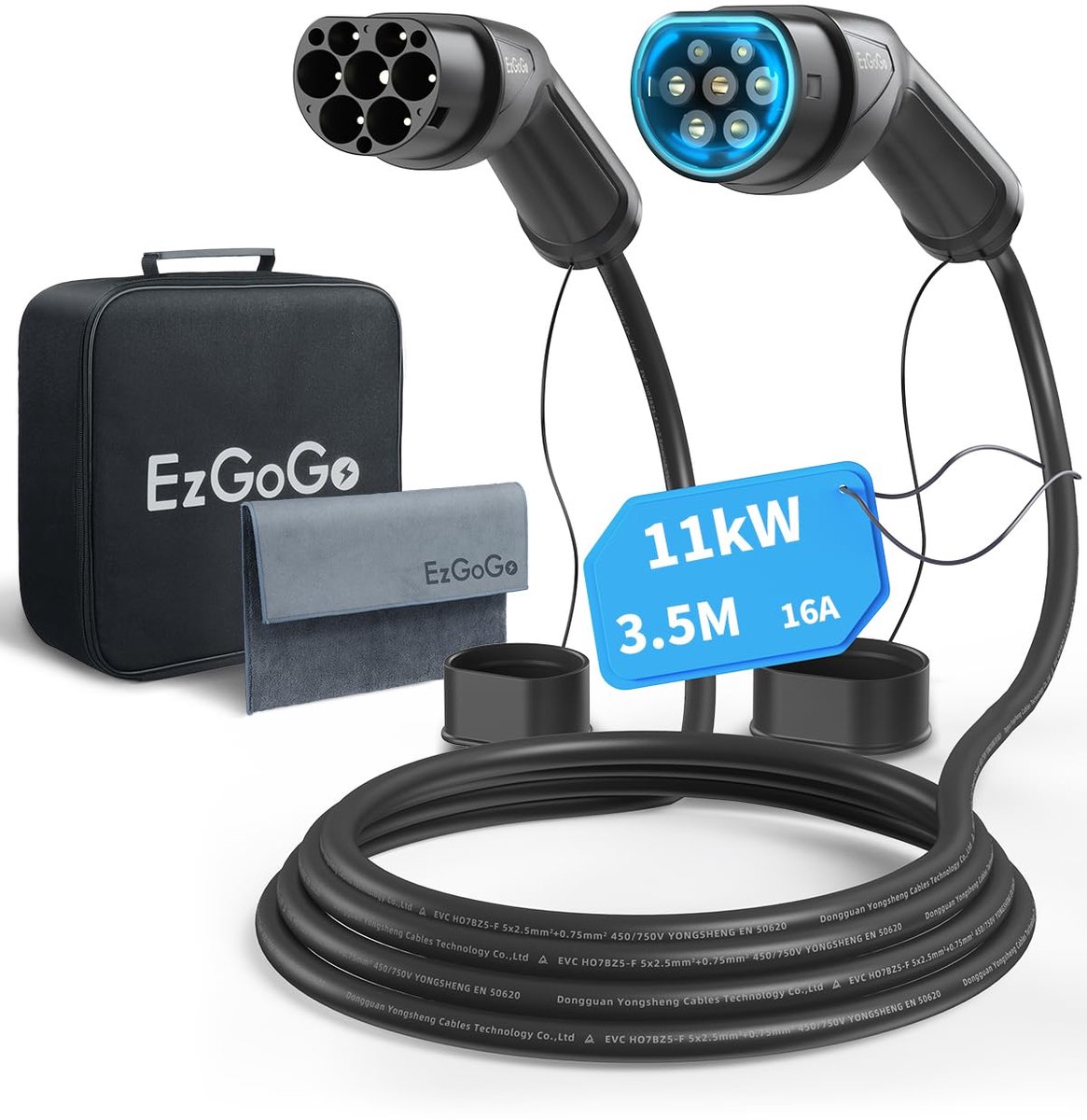SnelShoppen - EzGoGo Type 2 Oplaadkabel voor Elektrische Auto's 11 kW / 16 A / Driefasig / 3,5 Meter - Hybride Snellaadkabel voor Elektrische Voertuig