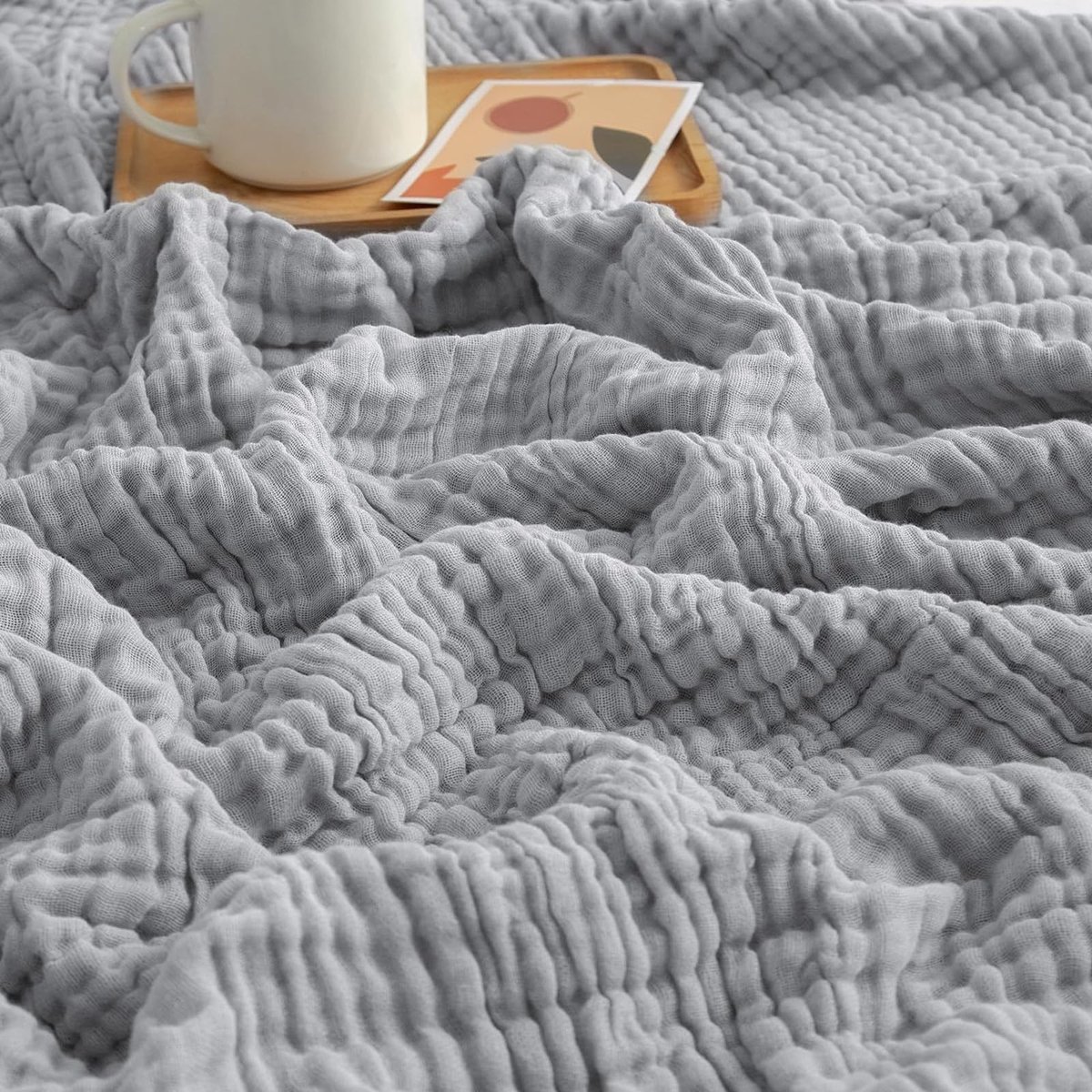 SnelShoppen - Mousseline Deken 150 x 200 cm - 100% Katoen, 6-laags Zachte Zomerdeken, Ademend Dunne Knuffeldeken voor Bed & Bank, Lichtgrijs Sprei en