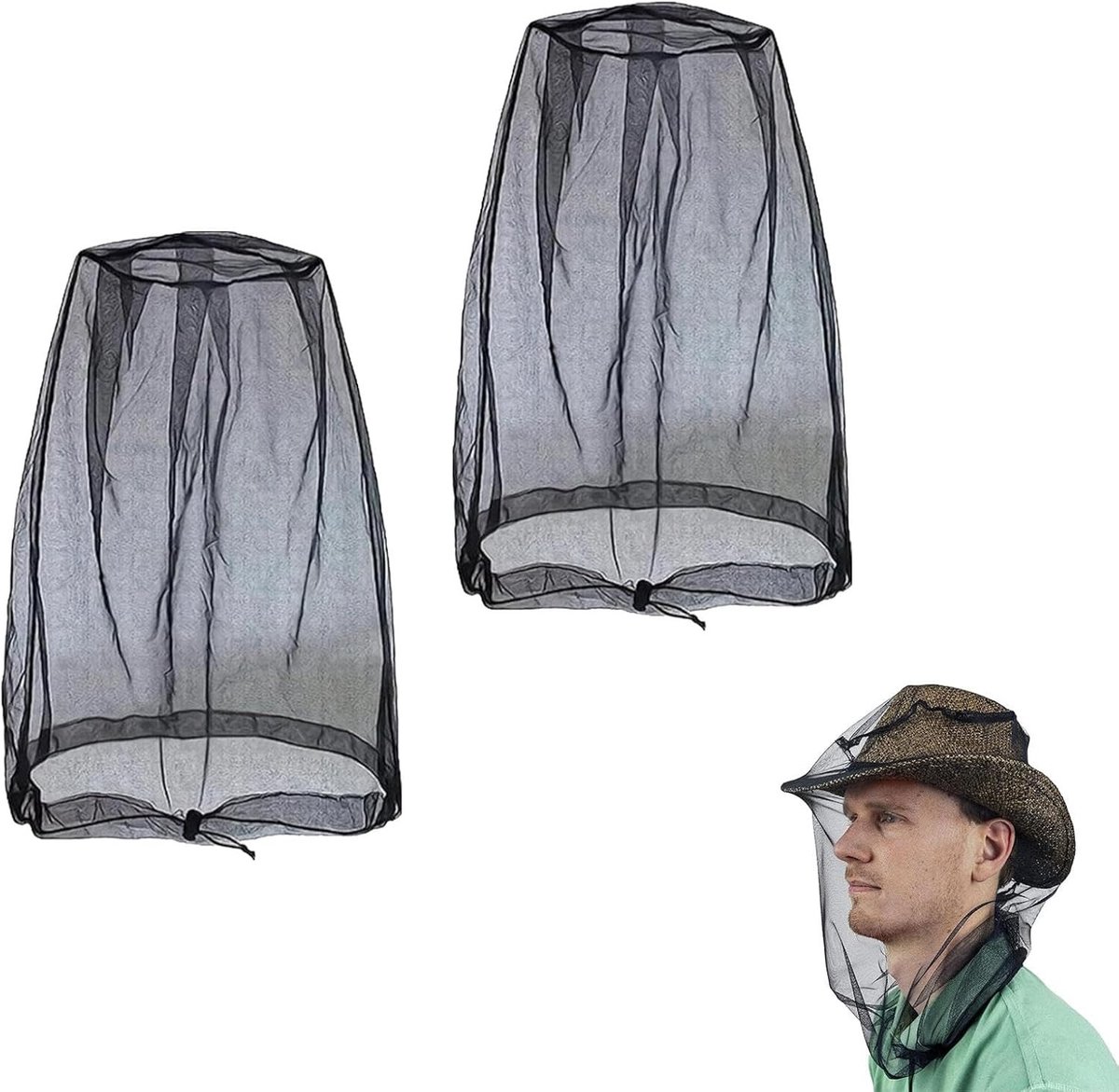 Hoofdnets voor Insectenbescherming - 2 Stuks Zwarte Mosquito Netten met Fijn Gaas voor Volledige Hoofdbedekking en Optimale Bescherming tegen Muggen en Insecten