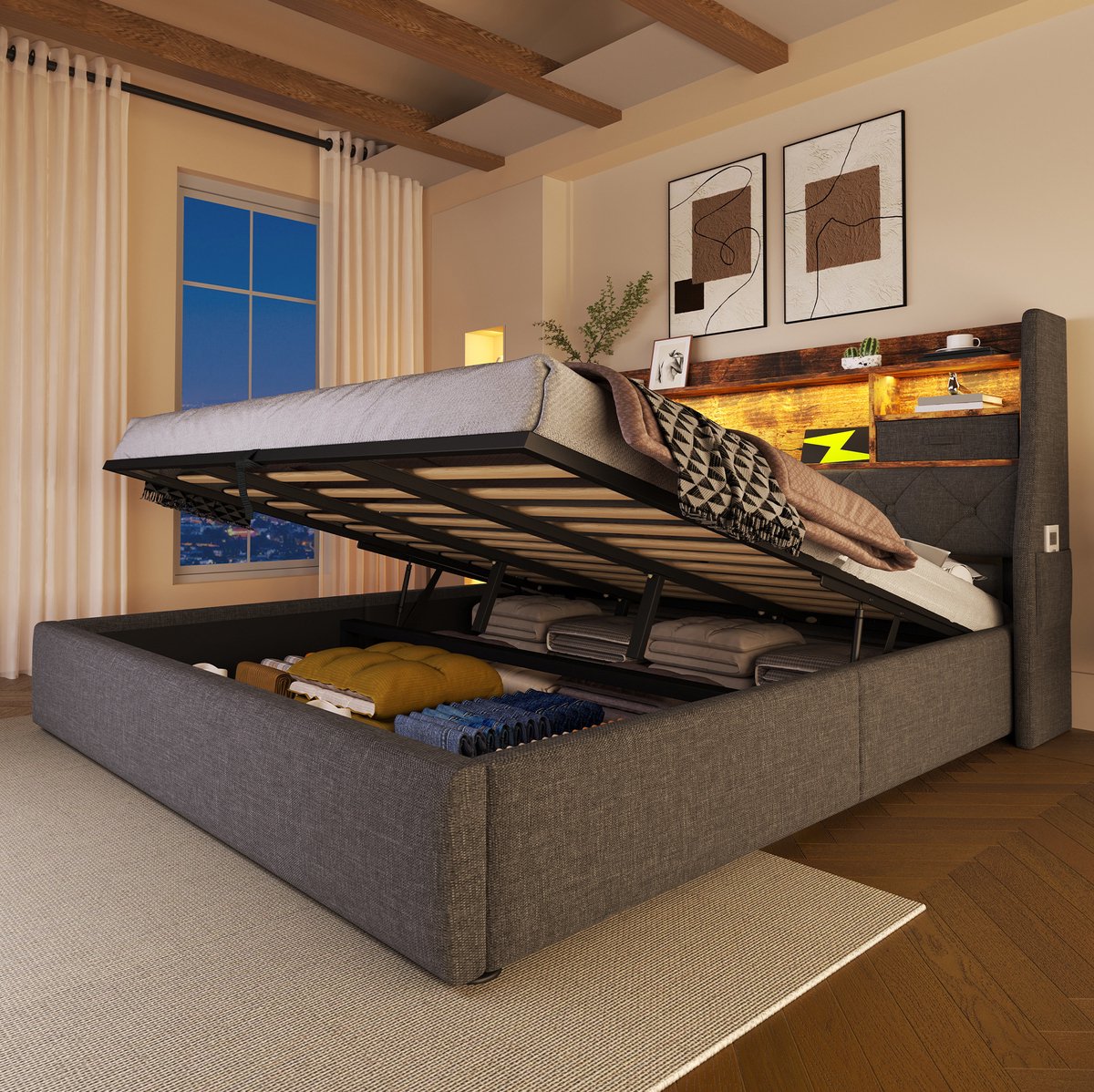 DESMIU Bedframe 140x190 Cm - Hydraulische Opbergruimte En Led Hoofdbord - Usb En Type C Laadpoorten - Grijs Linnen - Zonder Matras Gray