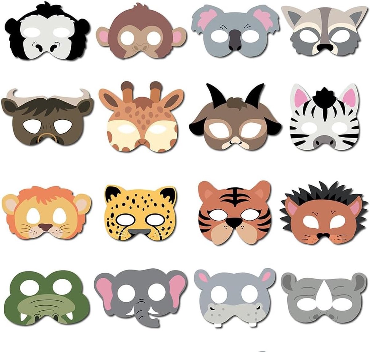 Set van 16 Jungle Dierenmaskers voor Kinderen - Feestmaskers voor Verjaardagen, Carnaval en Themafeesten met Leeuw, Aap, Zebra en Olifant