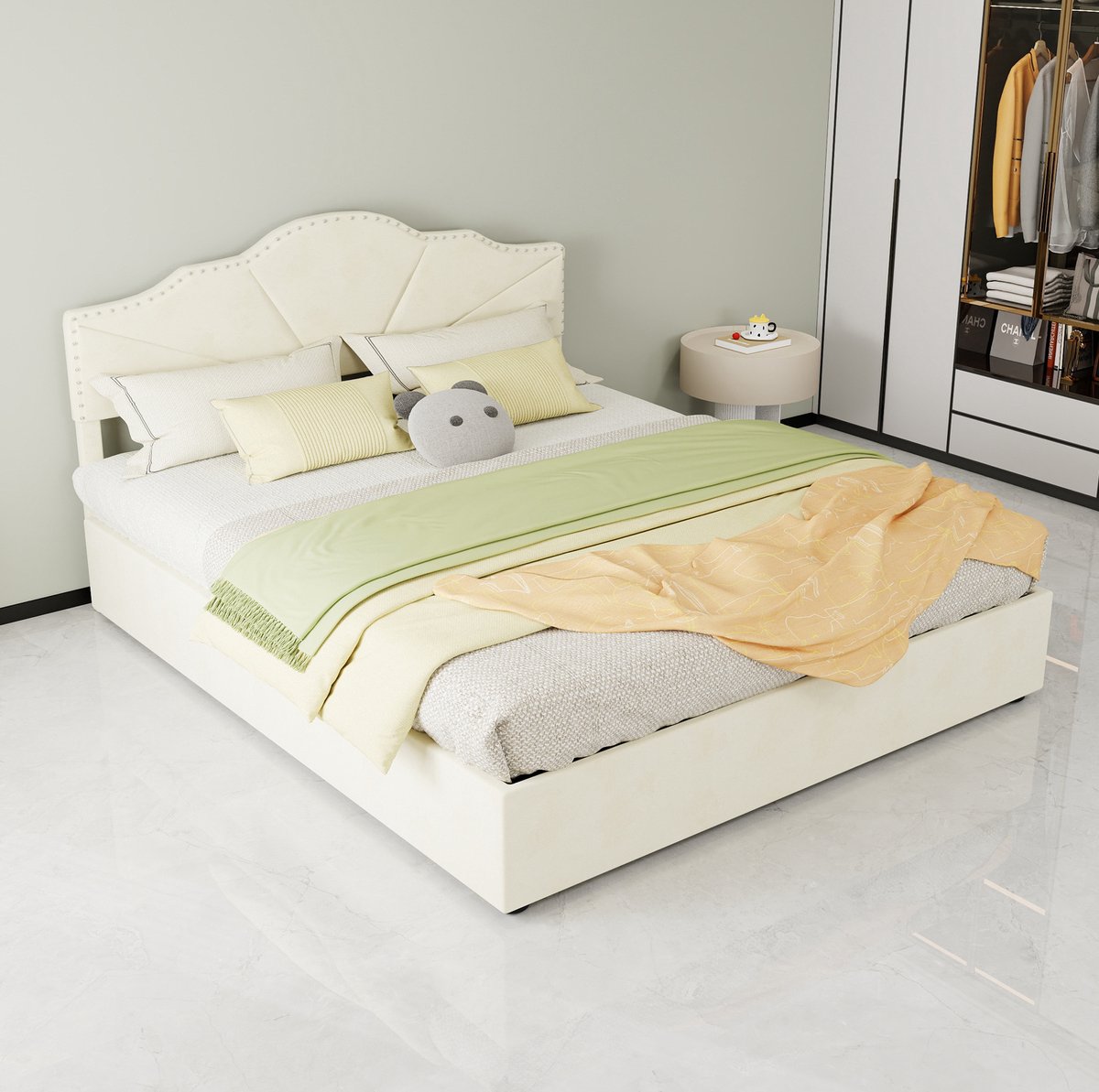 DESMIU Gestoffeerd Bed 160x200 cm – Zacht Hoofdbord Met Geometrisch Design – Hoge Box Met Lattenbodem – Tweepersoonsbed – Beige – Zonder matras