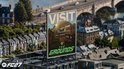 Een poster met 'VISIT THE GROUNDS' en een futuristische koepel, boven een stad.