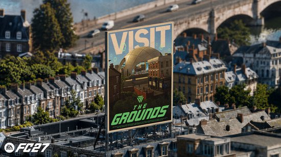 Een poster met 'VISIT THE GROUNDS' en een futuristische koepel, boven een stad.