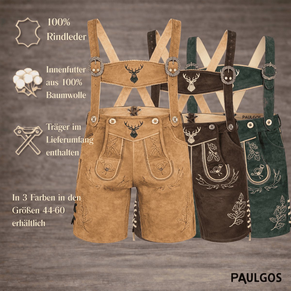 PAULGOS Heren traditionele leren broek kort - HK5 - Echt leer - Verkrijgbaar in 3 kleuren - Maat 44 - 60