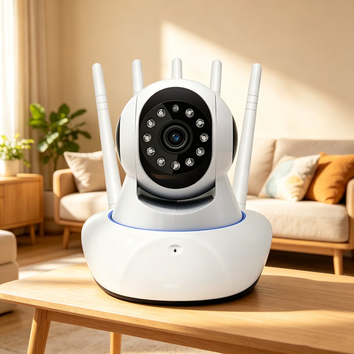 Binnencamera met wifi en PTZ-besturing – hoge resolutie, infrarood nachtzicht, bewegingsdetectie en tweeweg spraakcommunicatie – realtime te bekijken via smartphone of computer. Afmetingen: 11*14*13 cm, wit.