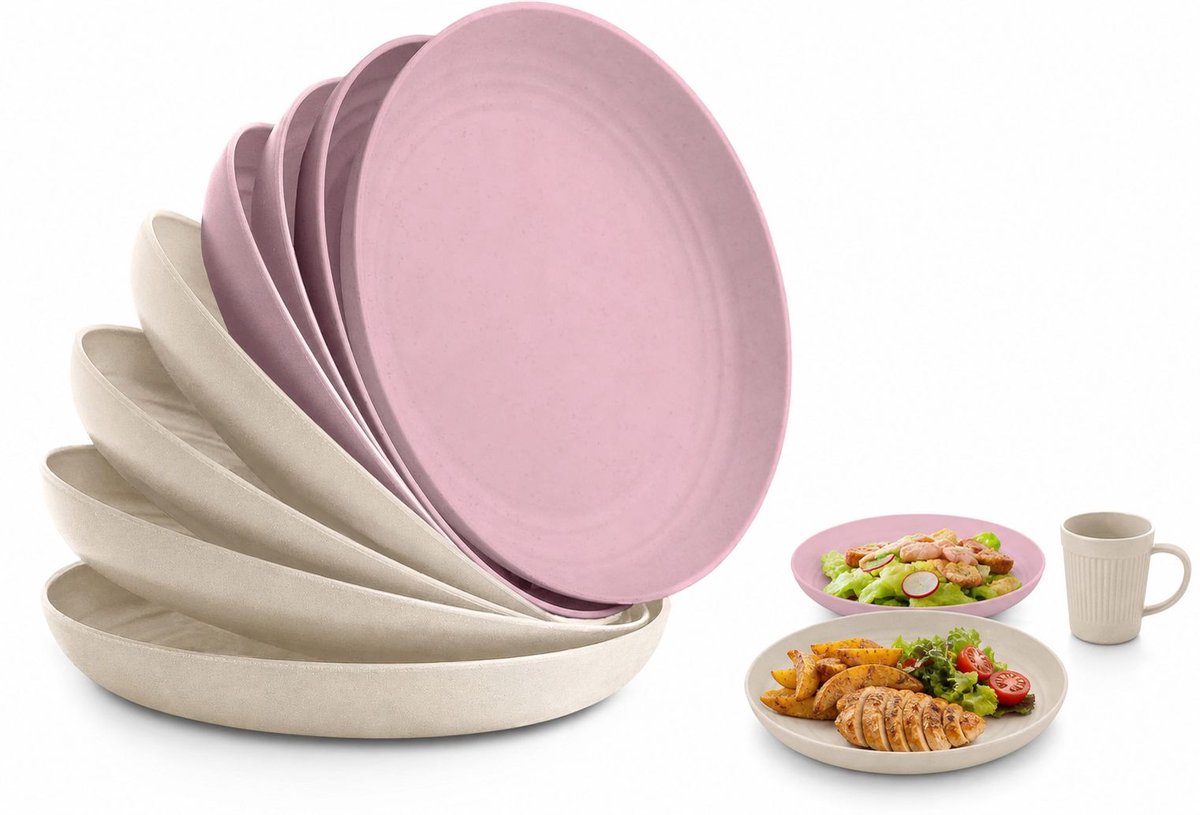 VHV - Borden Set van 8 - Herbruikbare Tarwestro Borden 9 Inch - Magnetron- en Vaatwasserbestendig - Roze en Beige