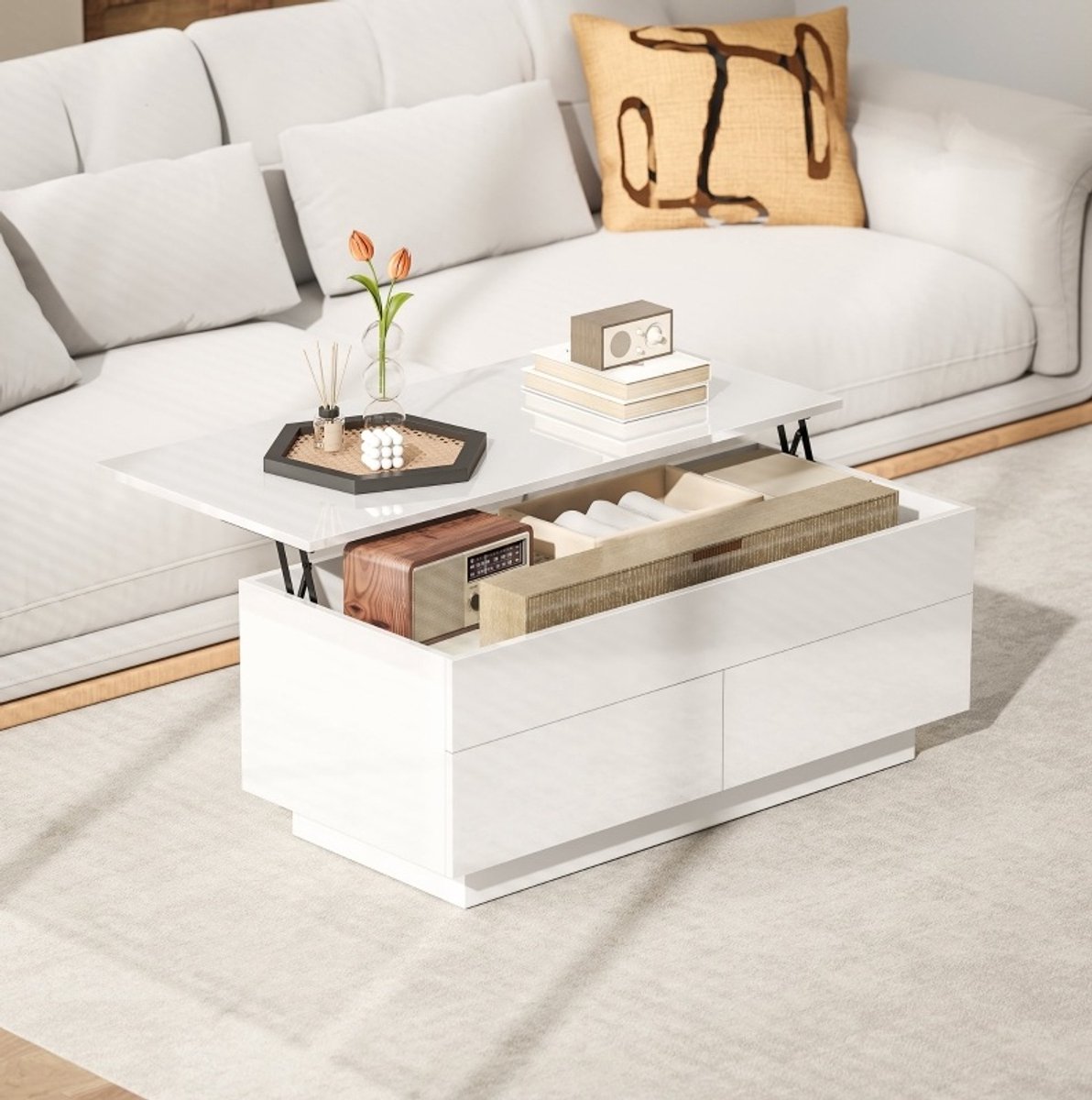 HAUSS SPOLE Salontafel - Hoogte Verstelbaar Met Opklapbaar Blad En 2 Lades - Verborgen Opbergruimte Voor Woonkamer - Hout En Metaal - 102x48x40 Cm - Hoogglans Wit