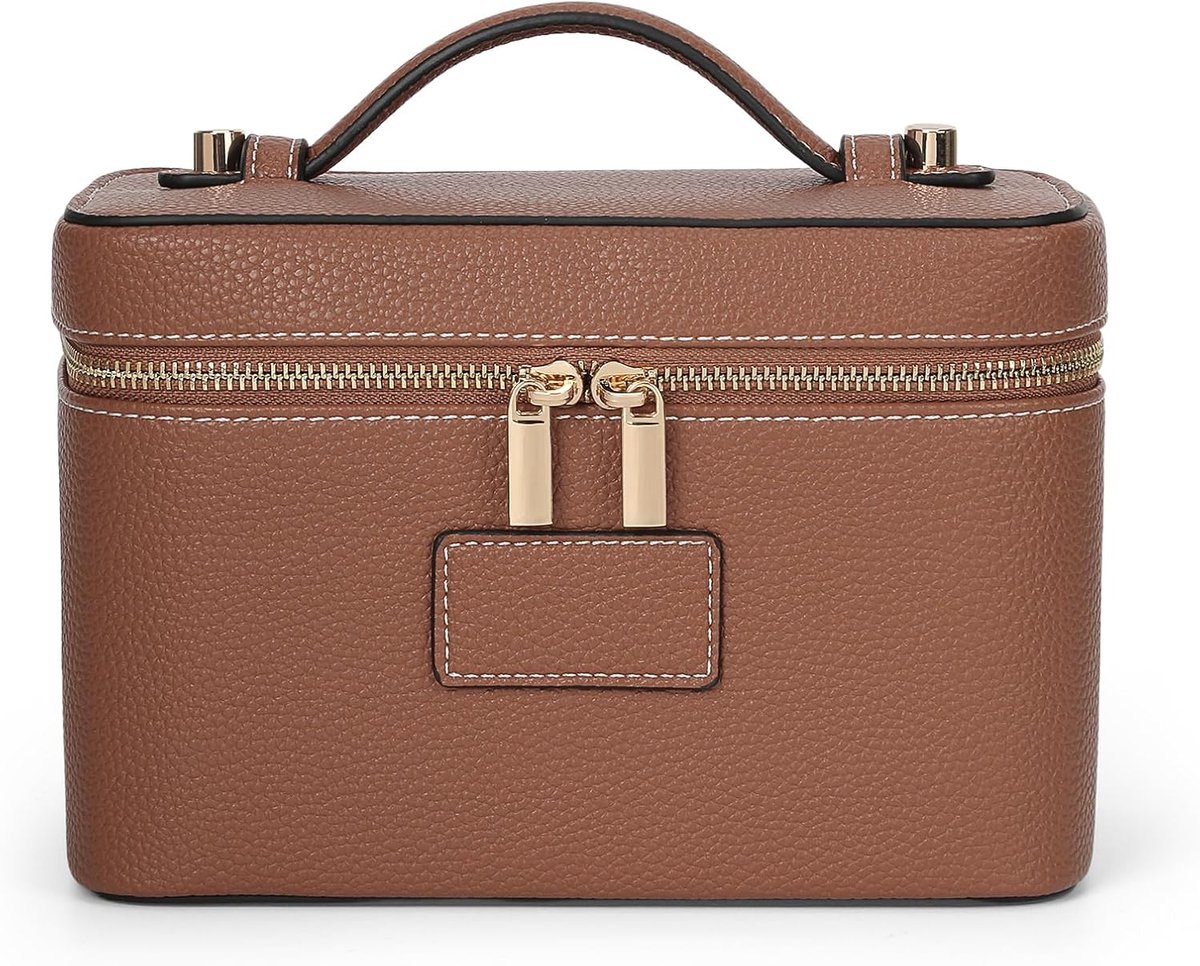 SnelShoppen - HiTotes Make-up Tas Vanity Case voor Vrouwen - Leren Toilettas Reis Organizer met Verwijderbare Verdeler, Bruin, 21.5cm voor Dagelijks G