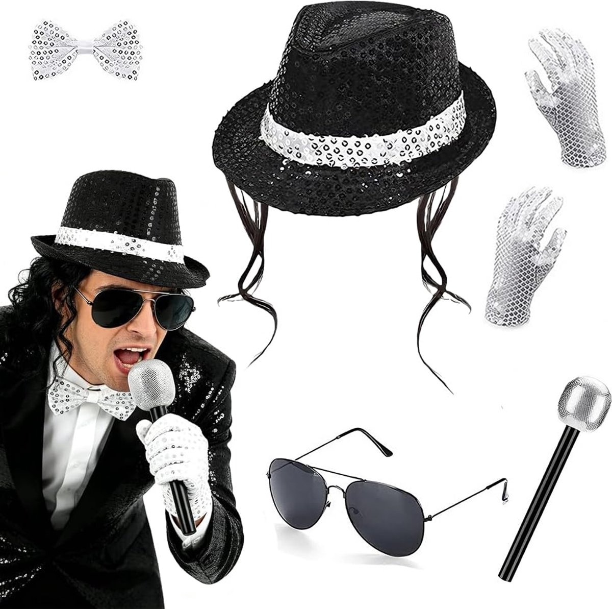 SnelShoppen - MJ Kostuumaccessoires Volwassenen - Jazz-hoed, Pailletten, Nepmicrofoon, Zonnebril, Handschoenen, Vlinderstrik - King of Pop Kostuum voo