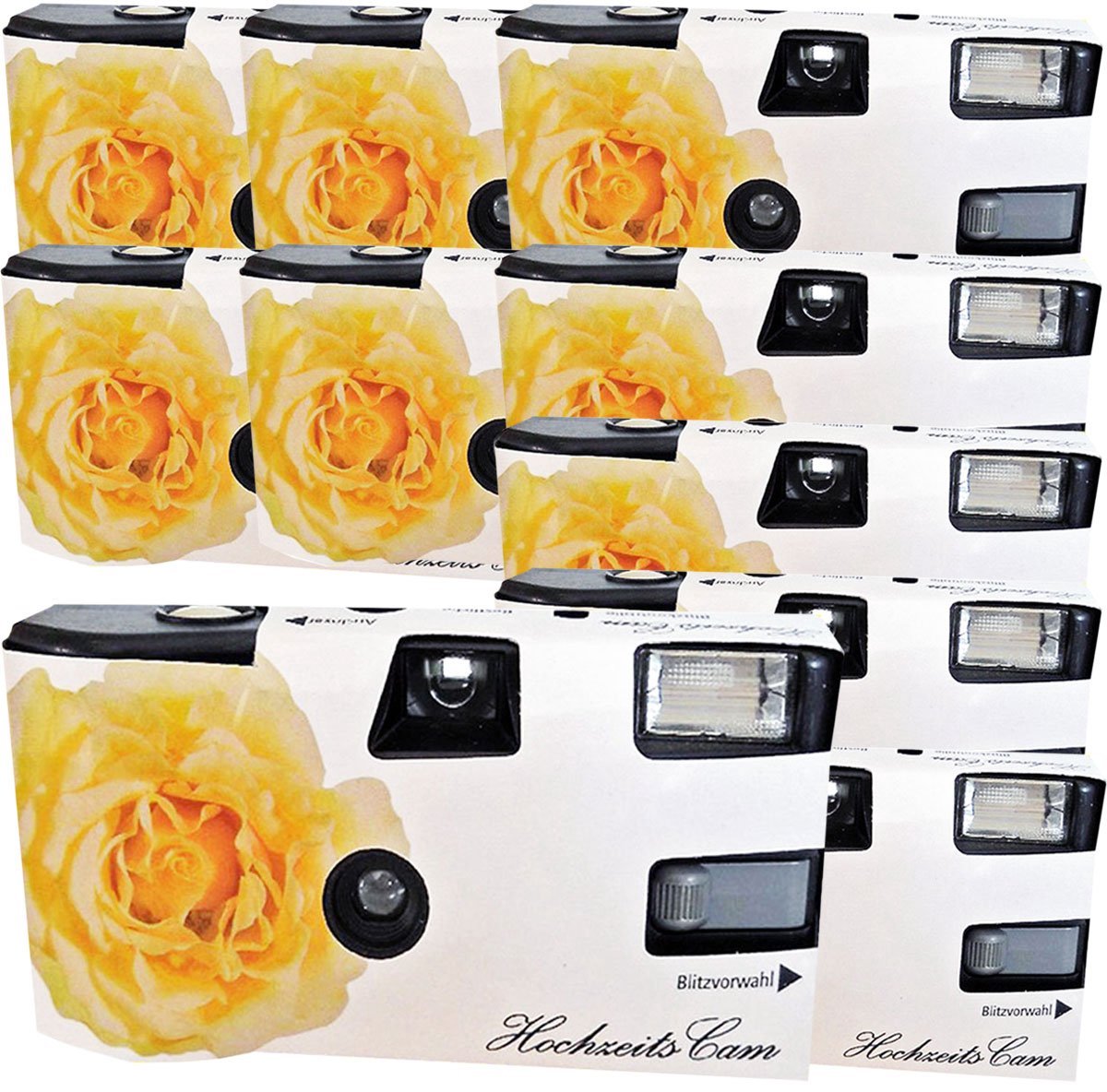 SnelShoppen - 10 x 1A Foto Wegwerpcamera met Flitser en Batterijen, Gele Trouwroos, 27 Foto's, ISO 400, Ideaal voor Bruiloften en Feesten