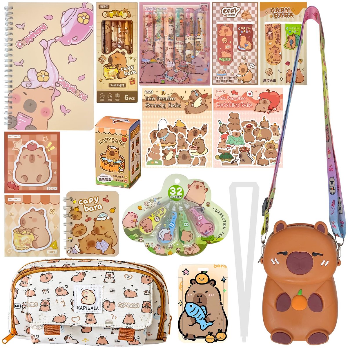 SnelShoppen - Capybara Pennenetui met 80 Stickers, Schrijfwaren Set Schoolspullen, Spiraalnotitieboek A7/A5, Sleutelhanger, Leuke Cadeau-ideeën voor V