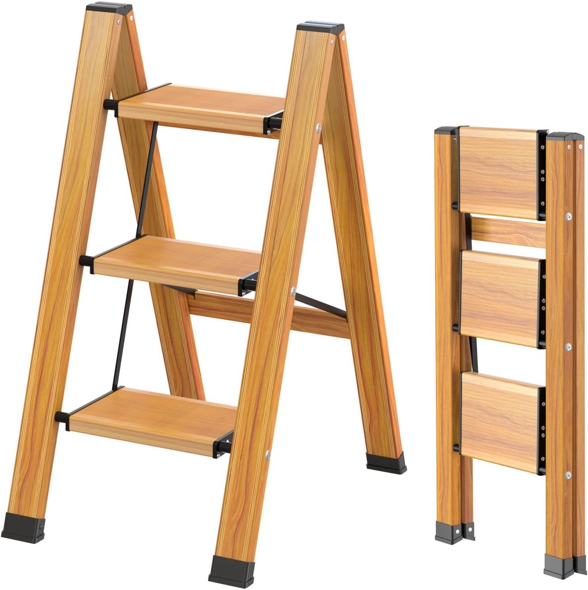 SnelShoppen - Vouwladder 3 Treden Aluminium Stepladder, Draagbare en Antislip Ladder met Houtlook, Multi-Functionele Ladder voor Thuis en Camping