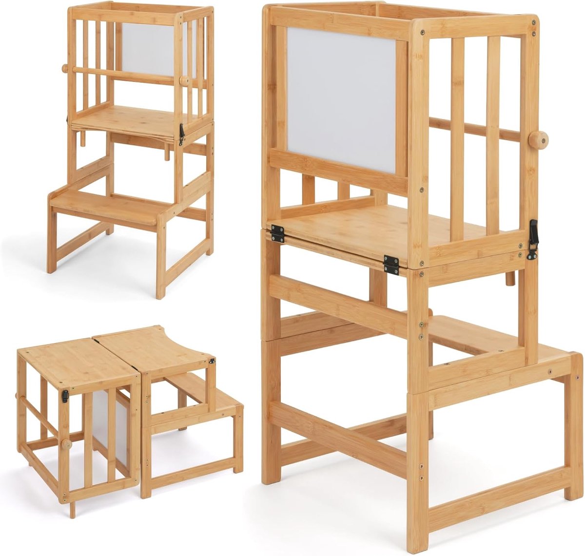 Montessoriaanse toren voor kinderen, 3-in-1 met wit bord, Montessoriaanse toren, kan worden omgezet in een tafel voor tekenen en activiteiten (klassiek natuurlijk)