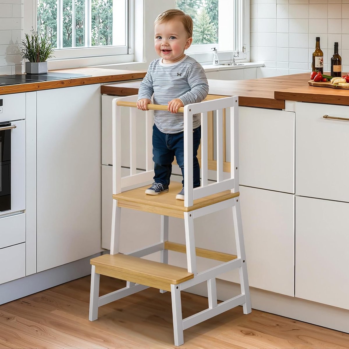 Montessori Leertoren voor Kinderen vanaf 18 Maanden, Stabiele en Kantelveilige Constructie (wit natuur)