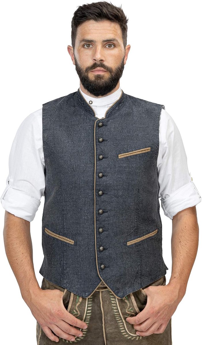 Trachten Couture Heren klederdrachtvest Hubertus - lodenvest vintage blauw - vest lederen broek