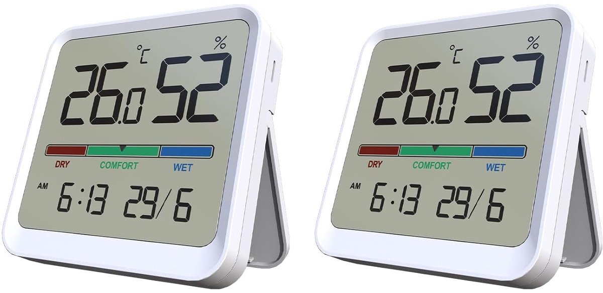 Hygrometer thermometer voor binnen, 2-delig, nauwkeurige temperatuur-luchtvochtigheidsmeter met datumweergave, ± 1 °C ± 5% RH nauwkeurigheid, -10 °C ~ 50 °C / 10% ~ 95% RH bereik voor de kamer